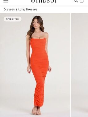 Windsor Orange Strapless Ruched Maxi Gown